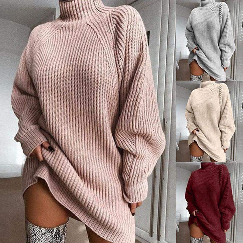 Solid Turtleneck Long Sweater Dress – Winter Warm Women Sweater Dress