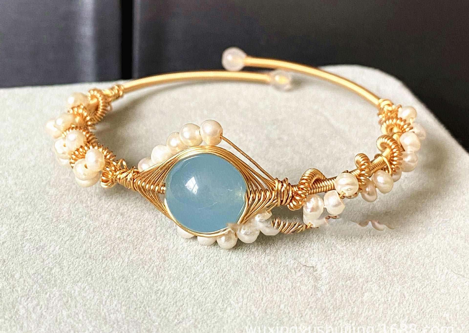 14K Gold-Wrapped Handmade Bracelet – Hailan Baohai Sapphire & Pearl.