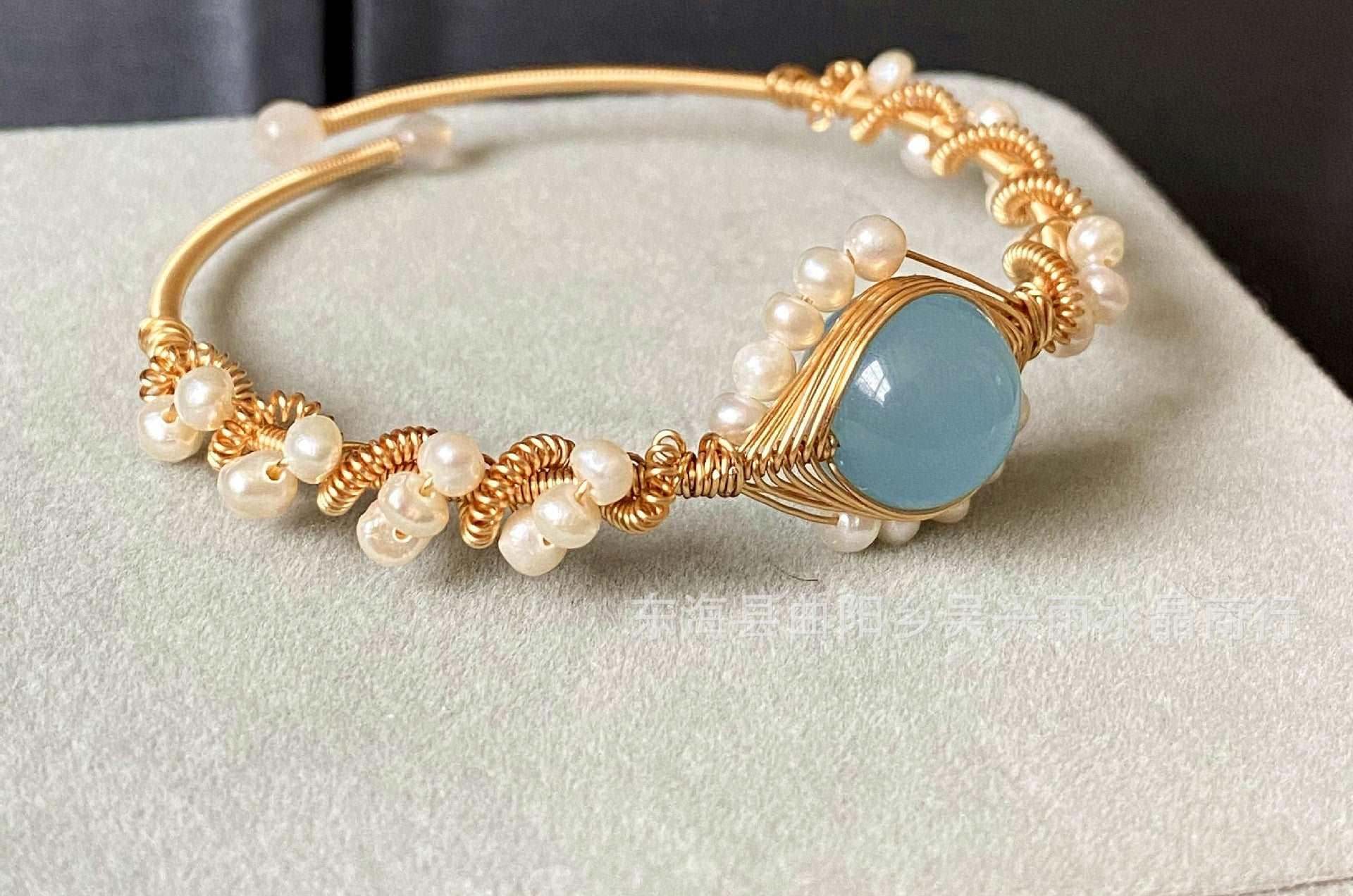 14K Gold-Wrapped Handmade Bracelet – Hailan Baohai Sapphire & Pearl.