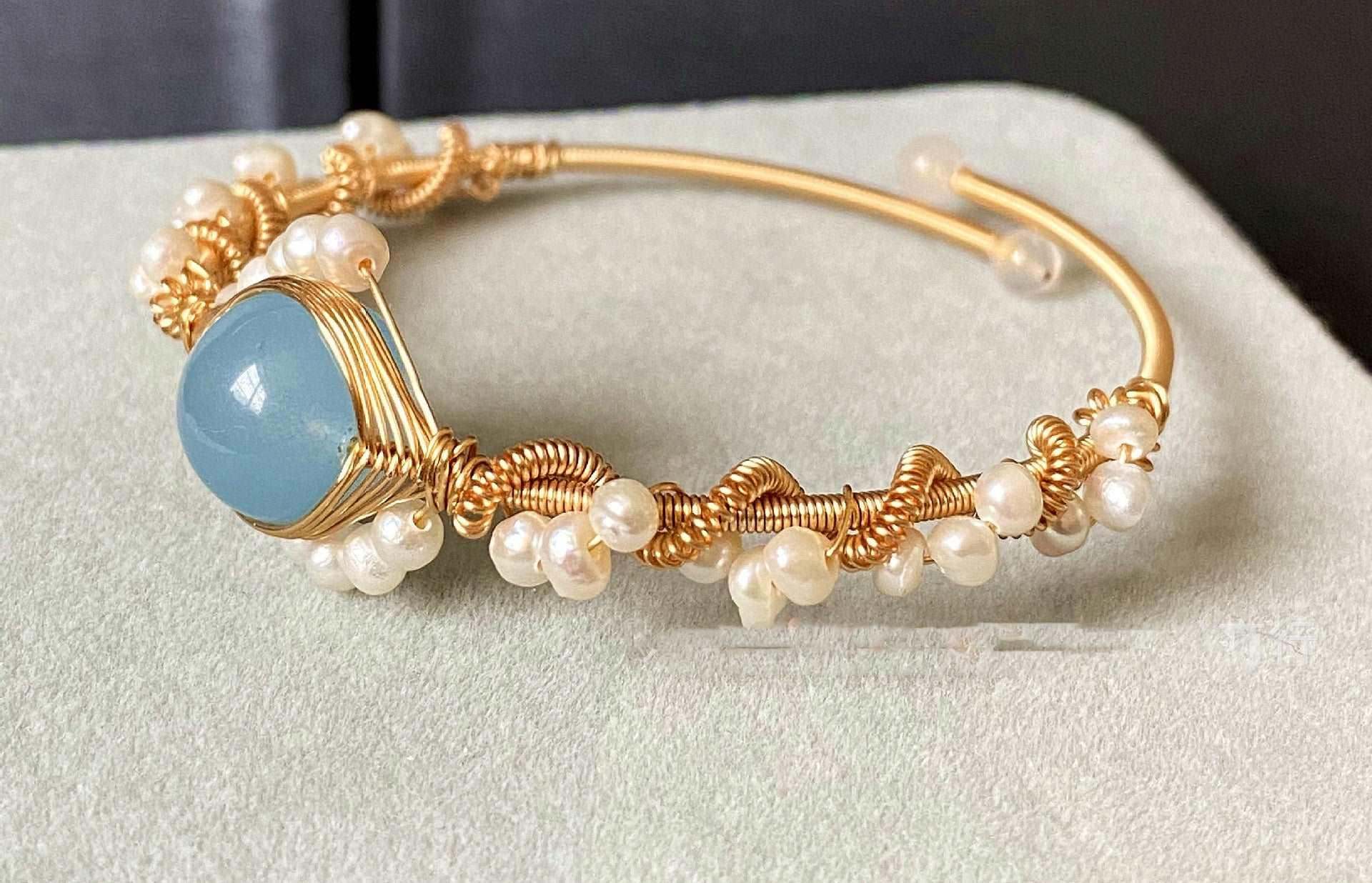 14K Gold-Wrapped Handmade Bracelet – Hailan Baohai Sapphire & Pearl.