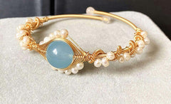 14K Gold-Wrapped Handmade Bracelet – Hailan Baohai Sapphire & Pearl.