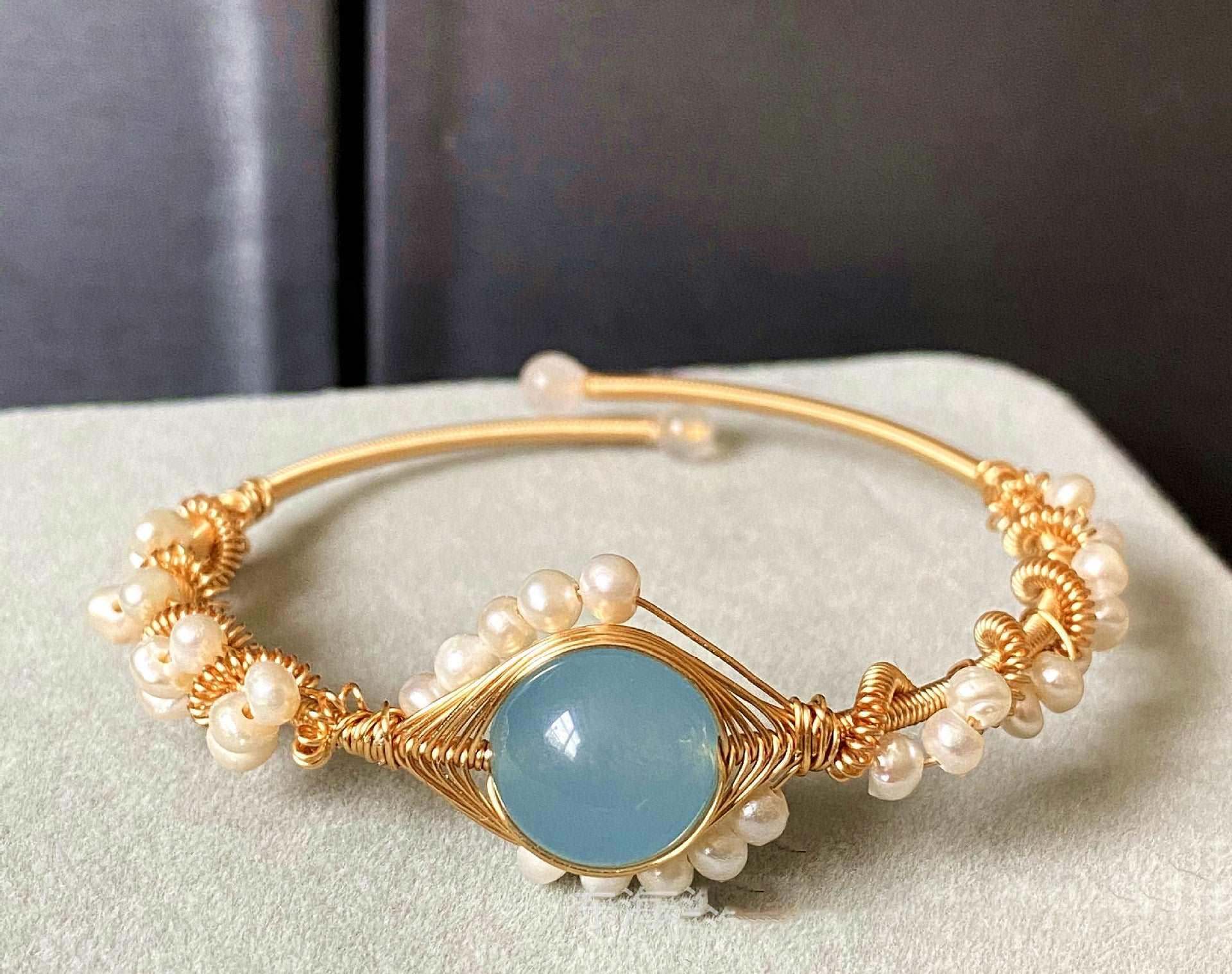 14K Gold-Wrapped Handmade Bracelet – Hailan Baohai Sapphire & Pearl.