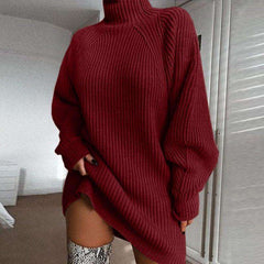 Solid Turtleneck Long Sweater Dress – Winter Warm Women Sweater Dress