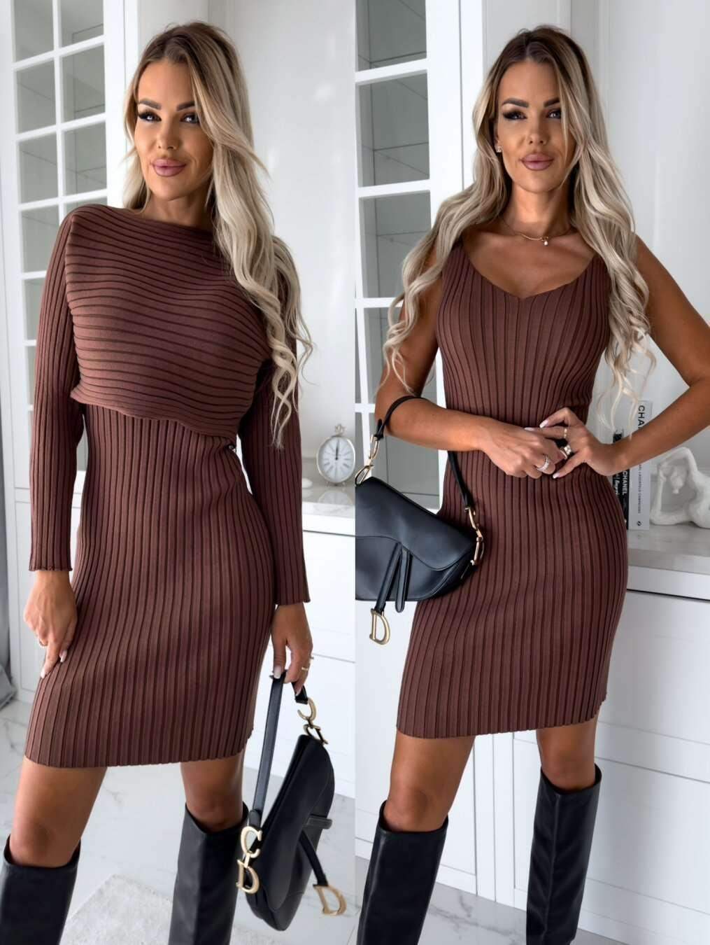 2pcs Suit Women Solid Stripe Long-Sleeved Top & Tight Suspender Skirt.