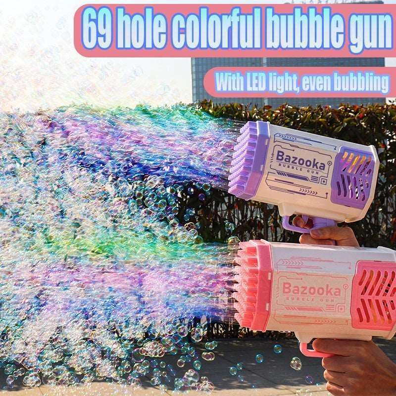 Bubble Gun Rocket - 69 Holes Soap Bubbles Machine with Light for Kids.