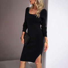 Women's Woolen Dress with Square Collar - Elegant and Stylish.