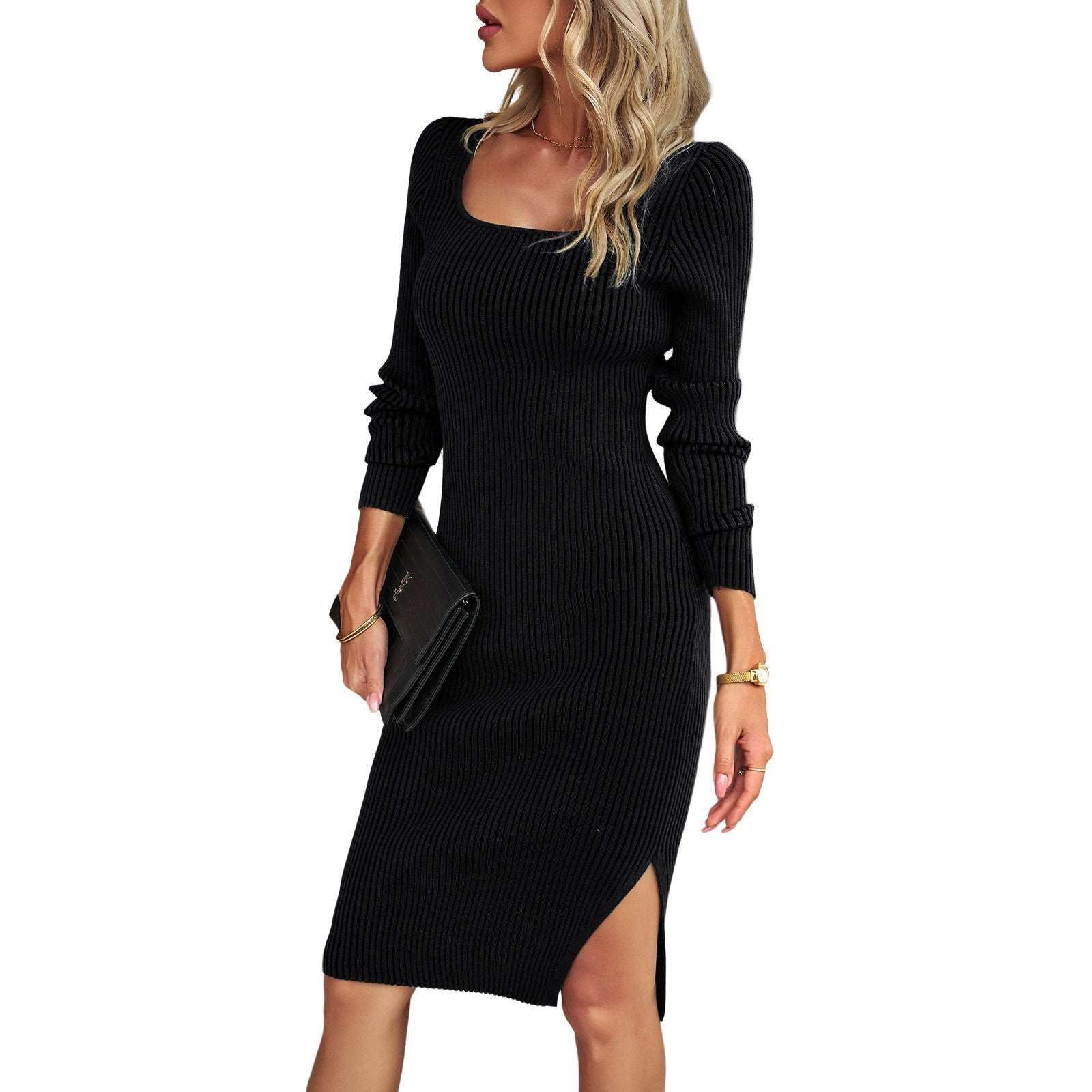 Women's Woolen Dress with Square Collar - Elegant and Stylish.