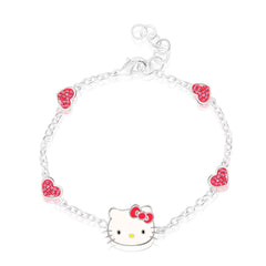 Hello Kitty Girl Red Hearts Silver Plated Chain Bracelet, 7.5 Inch!