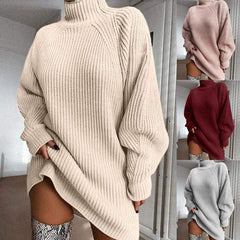 Solid Turtleneck Long Sweater Dress – Winter Warm Women Sweater Dress