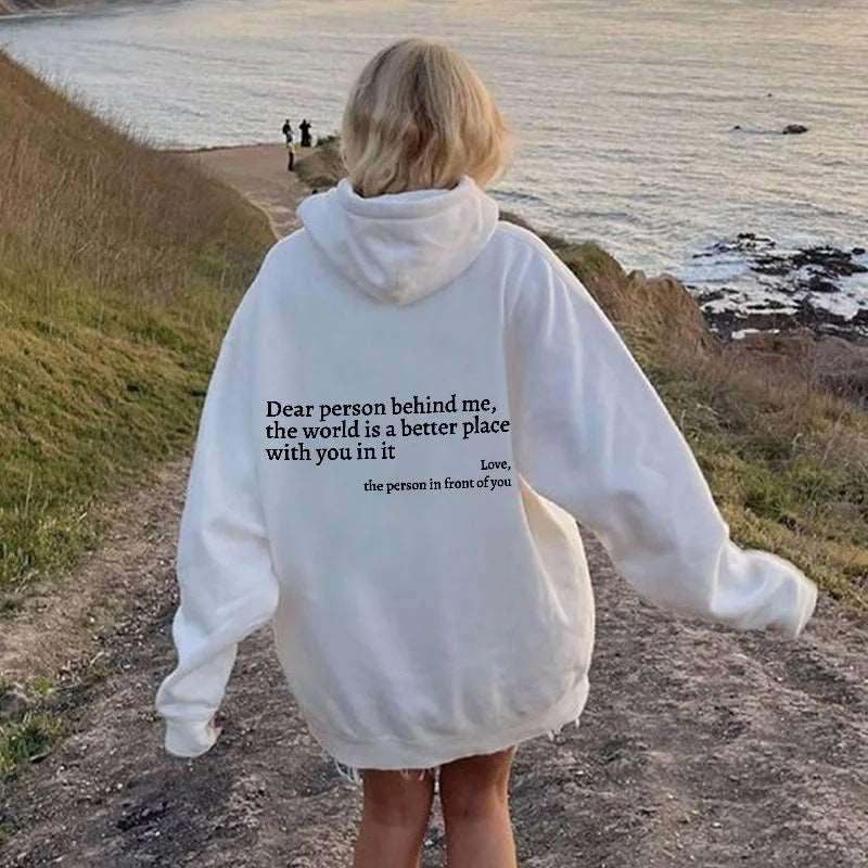 Women’s Hoodie – “Dear Person Behind Me” Plush Printed Sweatshirt.