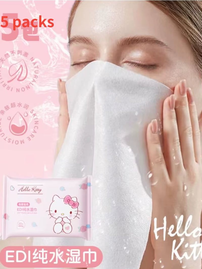 5Pack 100Pcs Sanrio Hello Kitty Wipes  -  Face Wash  &  Makeup Remover