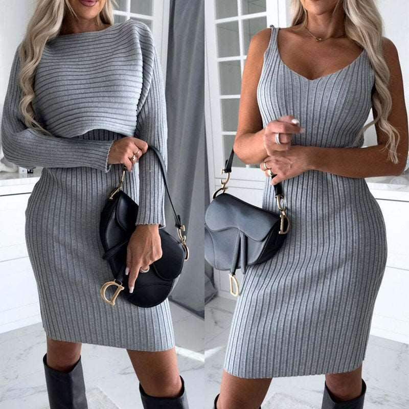 2pcs Suit Women Solid Stripe Long-Sleeved Top & Tight Suspender Skirt.